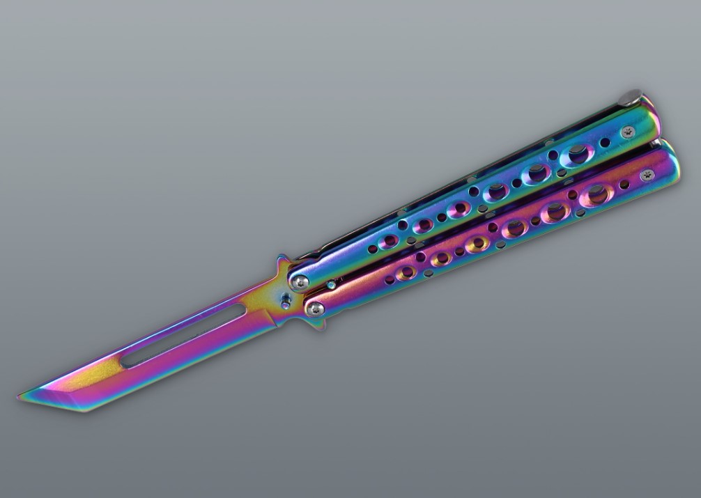 Szivárvány színű pillangókés perforált fém markolattal – balisong kés (22 cm)